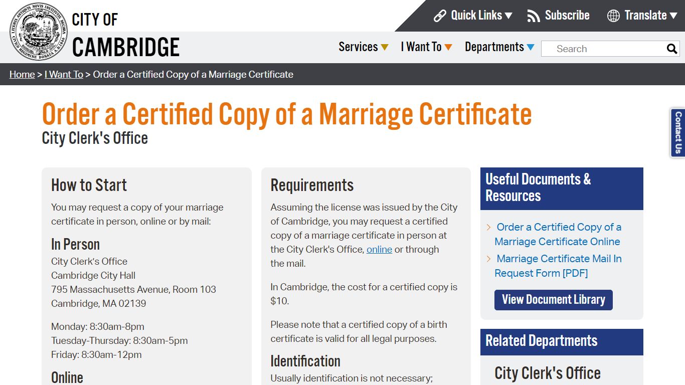 Order a Certified Copy of a Marriage Certificate - Cambridge, Ma